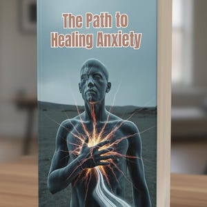 Könnte beinhalten: Ein Buch mit dem Titel "The Path to Healing Anxiety" wird auf einer Holzoberfläche präsentiert. Das Cover zeigt eine Person mit leuchtender Brust und strahlenden Linien. Der Hintergrund zeigt eine Landschaft mit gedämpften Farben.