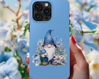 Gnome Phone Case - Blue iPhone Snap-on Sleeve Cover Shell | Lightweight & Tough | Rugged Hard Case with Gnome and Flowers