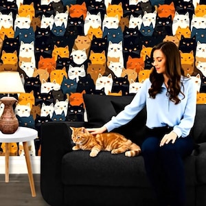 Peel And Stick Wallpaper | Transform Your Room with Colorful Kitty Cats | Easy Apply, Seamless Cat Design – Ideal for Nursery, Kid&#39;s Rooms
