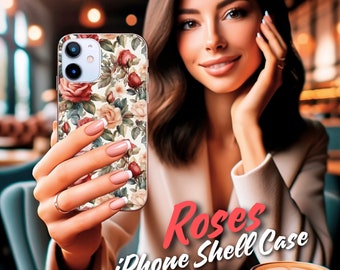 Coque de portable rose - Housse de protection amovible pour iPhone | Léger et résistant | Étui rigide robuste avec roses de style aquarelle