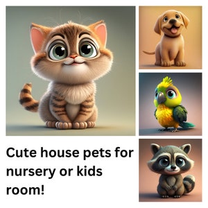 Cartoon Illustration House Animals Prints: Set of 4 - Cat, Dog, Parrot, Raccoon - PNG Wall Art for Nursery, Kid's Room, Kindergarten