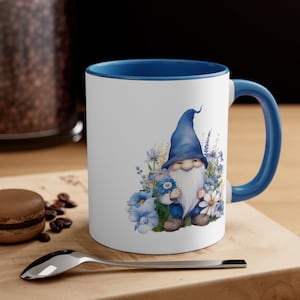 Accent Coffee Tea Mug: Spring Flowers Gnome - 11oz Blue Or Pink Inside Coffee Tea Cup With Forest Gnomes And Flowers Print