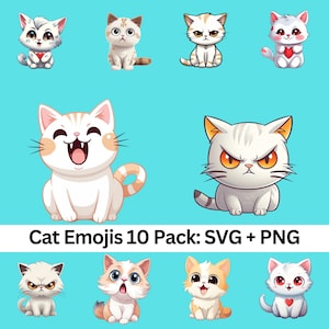 Pacote de Emoji de Gato - Conjunto de 10 | Feliz, irritado, triste, surpreso, apaixonado | Emojis de gato em formatos PNG e SVG