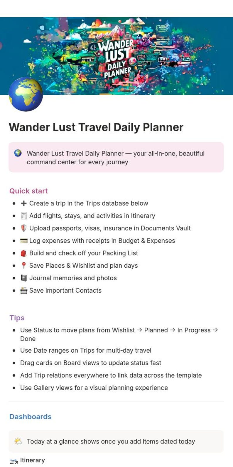 Notion Template | Travel Planner Organizer Dashboard | Trips Journal ...