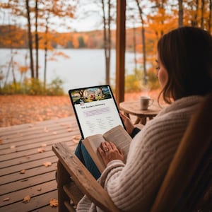 May include: A person sitting in a wooden rocking chair on a porch, reading a book and using a tablet. The tablet displays the text "The Reader's Sanctuary". A cup of coffee sits on a small wooden table. The background features a lake and trees with autumn foliage.