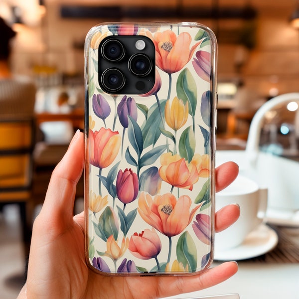 Tulip Phone Case - iPhone Snap-on Sleeve Cover Shell | Lightweight & Tough | Rugged Hard Case with Watercolor Style Tulips