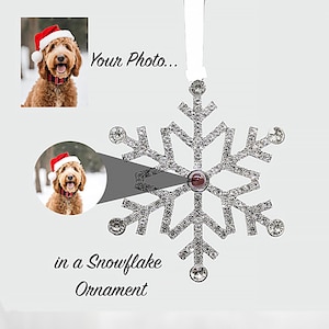 May include: A silver snowflake Christmas ornament with a clear center that can be personalized with a photo.  The ornament is hanging from a white ribbon.  "Your Photo... in a Snowflake Ornament" is written below the ornament.