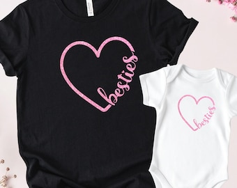 Mama and Me Matching Glitter Heart Shirt, Mommy Baby Besties Outfits
