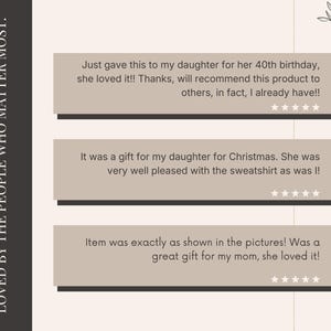 Op de afbeelding: Een grafische weergave met de tekst LOVED BY THE PEOPLE WHO MATTER MOST in een verticale zwarte balk. Drie beige rechthoekige vakken bevatten vijfsterrenrecensies over cadeaus voor een dochter en moeder, inclusief vermeldingen van een sweatshirt.