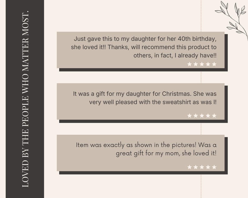 Op de afbeelding: Een grafische weergave met de tekst LOVED BY THE PEOPLE WHO MATTER MOST in een verticale zwarte balk. Drie beige rechthoekige vakken bevatten vijfsterrenrecensies over cadeaus voor een dochter en moeder, inclusief vermeldingen van een sweatshirt.
