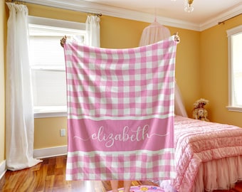 Personalized Pink Gingham Baby Blanket, Coquette Nursery Decor