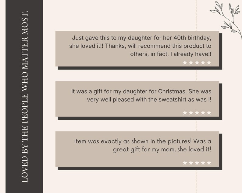 May include: A graphic with customer testimonials on a beige background. The text includes positive feedback about a product, mentioning gifts for a daughter and mom. The phrase "LOVED BY THE PEOPLE WHO MATTER MOST" is on the left.