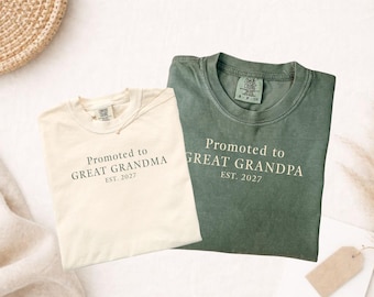 Custom Promoted To Great Grandma And Great Grandpa Shirt, Matching Pregnancy Reveal Tees, First Time Great Grandparents Gift Announcement