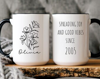 Personalized 21st Birthday Coffee Mug, Floral Design