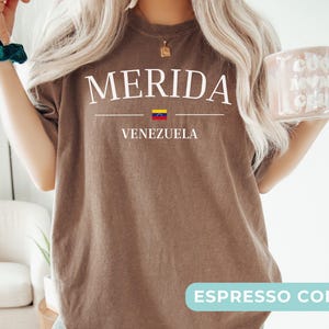 Op de afbeelding: Een espresso-kleurig t-shirt met de witte tekst MERIDA gecentreerd boven een kleine Venezolaanse vlag en het woord VENEZUELA. Het t-shirt heeft een ronde hals en een relaxte pasvorm met een eenvoudig grafisch ontwerp op de borst gedrukt.