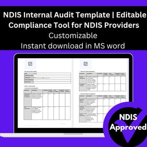 May include: A laptop screen shows an NDIS Internal Audit Template, an editable compliance tool for NDIS providers. The text includes "Customizable" and "Instant download in MS word." An "NDIS Approved" logo is also visible on the screen.