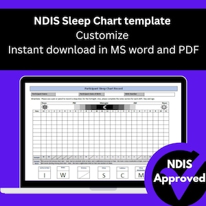 Könnte beinhalten: Eine schwarz-weiße druckbare NDIS-Schlafchart-Vorlage mit dem Text "NDIS Sleep Chart Template" und "Customize" in großer Schrift. Die Tabelle ist so konzipiert, dass sie die Schlafmuster für eine vierzehntägige Periode verfolgt. Die Tabelle enthält Spalten für Datum, Uhrzeit und Notizen. Die Tabelle ist mit "NDIS Approved" gekennzeichnet.