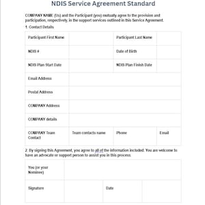 Può includere: Un modulo vuoto del NDIS Service Agreement Standard con campi per i dettagli del partecipante e dell'azienda, inclusi nomi, indirizzi, informazioni di contatto e date. Il modulo è destinato all'uso in Australia.
