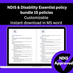 Peut inclure: Un écran d'ordinateur portable affiche un document intitulé « Politique de gestion des médicaments ». Le texte indique « NDIS & Disability Essential policy bundle 15 policies Customizable Instant download in MS word ». Un badge violet « NDIS Approved » est dans le coin.