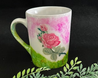 Handcrafted Alcohol Ink Mug with Resin and Vinyl Roses