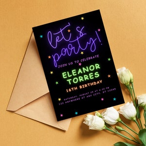 Neon Light Birthday Invitation| Editable Template| Adult bday Invite| Glow Party|Teen| Rainbow| girl| ANY AGE| Let&#39;s Party| Instant Download