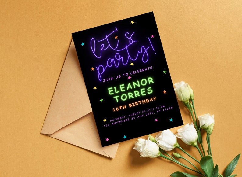 Neon Light Birthday Invitation| Editable Template| Adult bday Invite| Glow Party|Teen| Rainbow| girl| ANY AGE| Let's Party| Instant Download