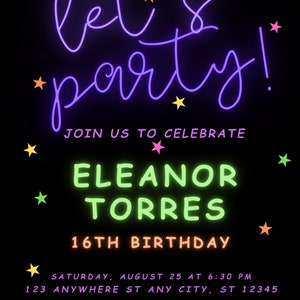 Neon Light Birthday Invitation| Editable Template| Adult bday Invite| Glow Party|Teen| Rainbow| girl| ANY AGE| Let's Party| Instant Download