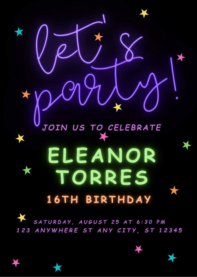 Neon Light Birthday Invitation| Editable Template| Adult bday Invite| Glow Party|Teen| Rainbow| girl| ANY AGE| Let's Party| Instant Download