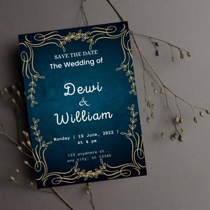 Navy Gold Portrait Invitation Card| wedding invitation template| blue and gold glitter printable| invite suite wedding invite