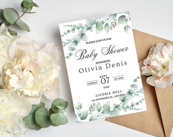 Greenery Baby Shower Invitation Template| Editable Baby Shower Invitation Template with Green Wreath| Baby Shower invite| Instant Download|