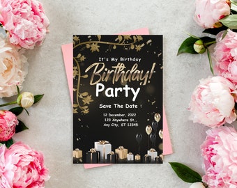 Bearbeitbare Geburtstagseinladungsvorlage | Schwarz und Gold Geburtstagsparty einladen| Sofortiger Download|Druckbar oder Digital|Elegante digitale E-invite