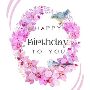 Cartão de aniversário em aquarela com pássaros e orquídeas rosa, download digital, personalizável, impressão em PDF