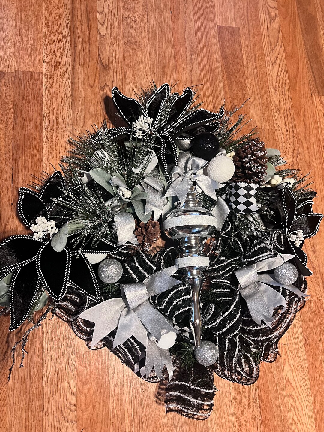 Black and White Poinsettias, Christmas Wreath, New Years Decor,silver