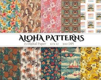 Aloha Patterns: Hawaiian Patterns Digital Paper – 25 Seamless Patterns, Scrapbook Paper, Wallpaper, 12 x 12 Instant Download, Commercial Use