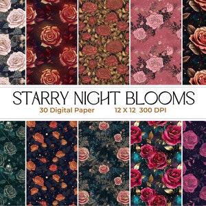 Starry Night Blooms: Rose Pattern Digital Paper – 30 Seamless Patterns, Scrapbook Paper, Papel de Parede, 12 x 12 Download Instantâneo, Uso Comercial