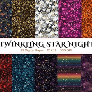 Twinkling Star Night Digital Paper – 25 naadloze patronen, plakboekpapier, behang, 12 x 12 Instant Download, commercieel gebruik