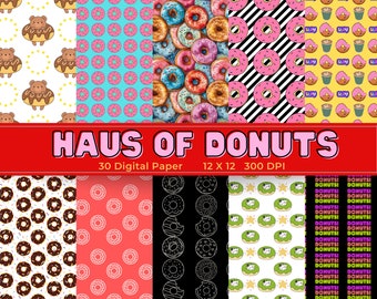 Haus of Donuts : Donut Muster Digitales Papier – 30 nahtlose Muster, Scrapbook Papier, Wallpaper, 12 x 12 Sofort Download, kommerzielle Nutzung