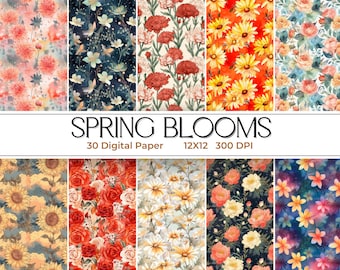 Spring Blooms: Floral Pattern Digital Paper – 30 Seamless Patterns, Scrapbook Paper, Wallpaper, 12 x 12 Instant Download, Commercial Use