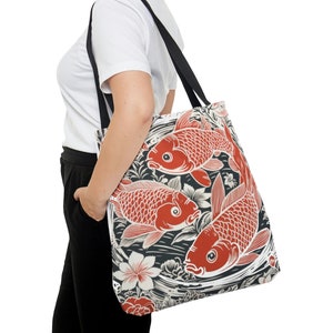 Stylish Linocut Koi Tote - Asian-Inspired Bag for Shopping and Beyond, Reusable, Perfect for Animal Lovers and Art Enthusiasts alike!