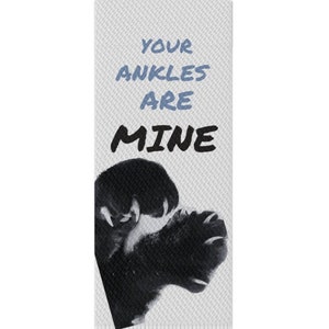 May include: White socks with a black and white paw print graphic and the text "YOUR ANKLES ARE MINE" in blue.