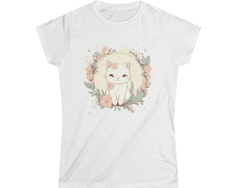 T floral do softstyle da vaquinha de Kawaii | Presente para a mãe, presentes para ela, camiseta fofa de gato, camiseta amante de gatos, camiseta amante de animais, camisa floral animal