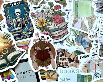 May include: A collection of colorful book-themed stickers featuring illustrations of books, flowers, and a skeleton reading a book. The stickers have various quotes about reading, including "The Reader", "When I Die Delete My", "Books Are My", and "It Takes Courage To Let Down Your Armor".