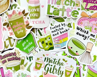 Matcha Girly Sticker Pack | Cute Matcha Latte Aesthetic Stickers | Green & Pink Kawaii Vinyl Decals for Kindle, Journal, Laptop