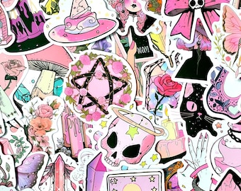 Pink Pastel Witch Stickers, Girly Aesthetic Decals (10-40 pc)