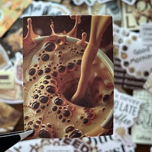May include: A rectangular sticker featuring a close-up of a light brown coffee beverage being poured into a cup, creating a splash and numerous dark bubbles on the surface. The liquid is a creamy tan color with deep brown droplets and foam.
