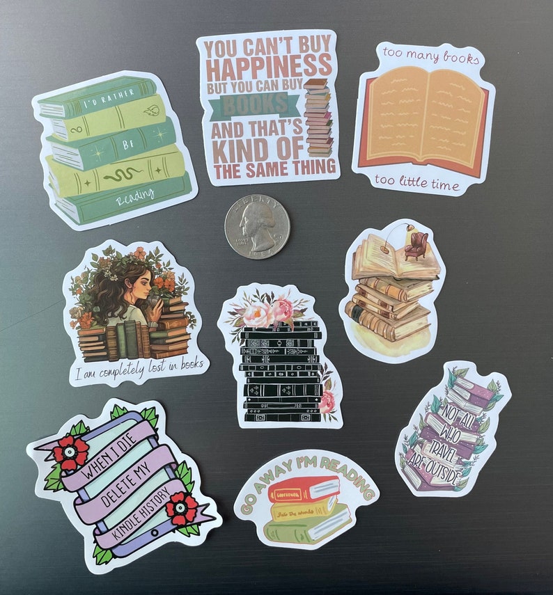 May include: Nine stickers featuring book-themed illustrations and quotes. The stickers are printed on white paper with a glossy finish. The stickers feature a variety of colors, including green, blue, red, yellow, and black. The stickers are perfect for decorating laptops, water bottles, notebooks, and other surfaces.