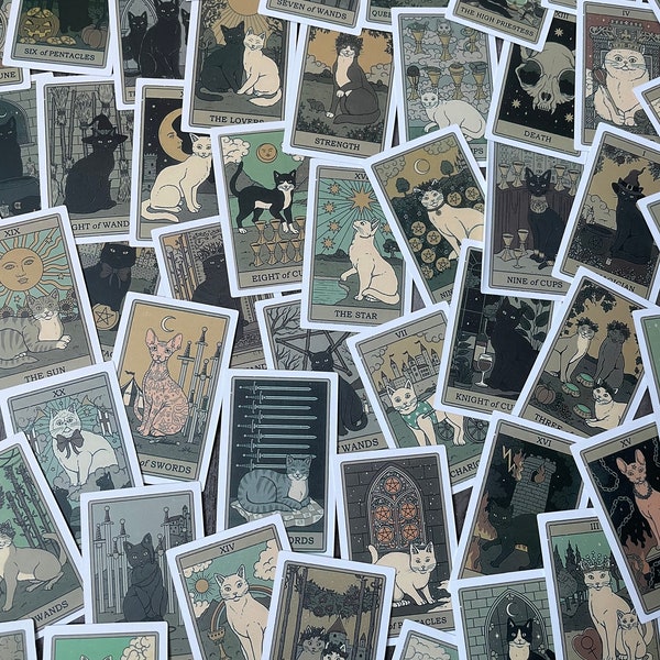 10-40 Pack Cat Tarot Stickers, Phone, Kindle, Junk Journal, Laptop, Water Bottle Stickers