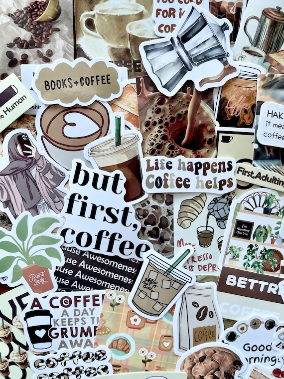 Coffee Sticker Pack - Coffee Aesthetic Vinyl Stickers for Journal, Kindle, Scrapbook, Laptop, Water Bottle - Iced Coffee & Cafe Decals