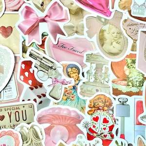 May include: A collection of vintage and modern stickers featuring various designs, including a pink bow, a heart with the text "Too Faced", a gun, a teacup, a dog wearing a cowboy hat, and a pink mushroom. The stickers are perfect for decorating journals, laptops, and other personal items.