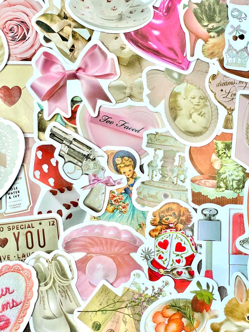 May include: A collection of vintage and modern stickers featuring various designs, including a pink bow, a heart with the text "Too Faced", a gun, a teacup, a dog wearing a cowboy hat, and a pink mushroom. The stickers are perfect for decorating journals, laptops, and other personal items.